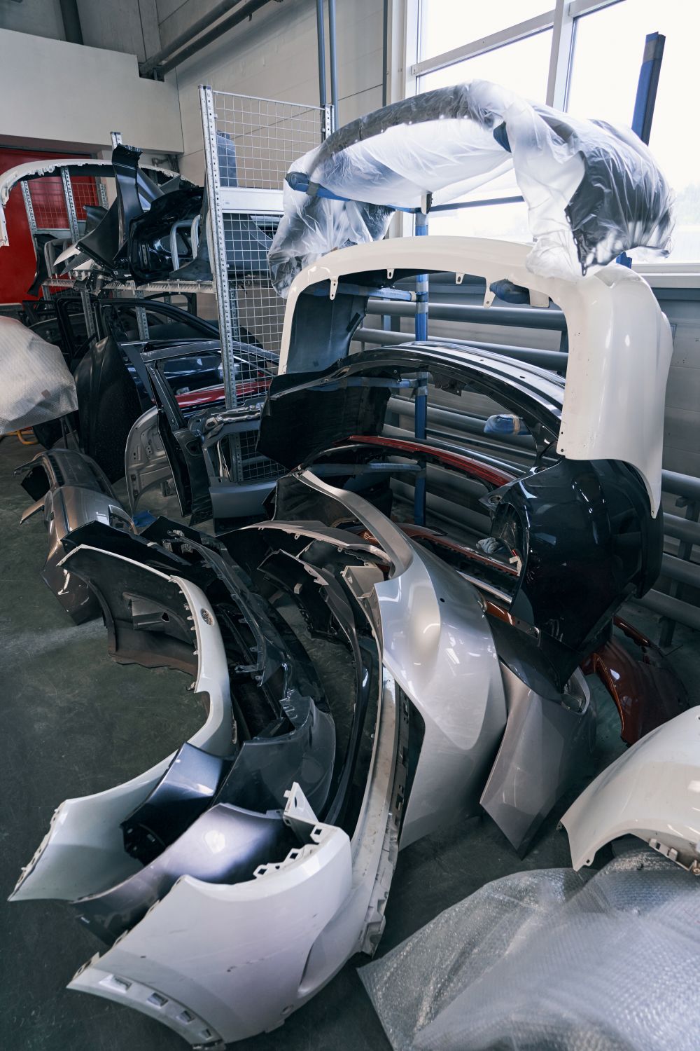 Panneaux et pare‑chocs en attente de réparation dans un atelier de carrosserie à Chibougamau 